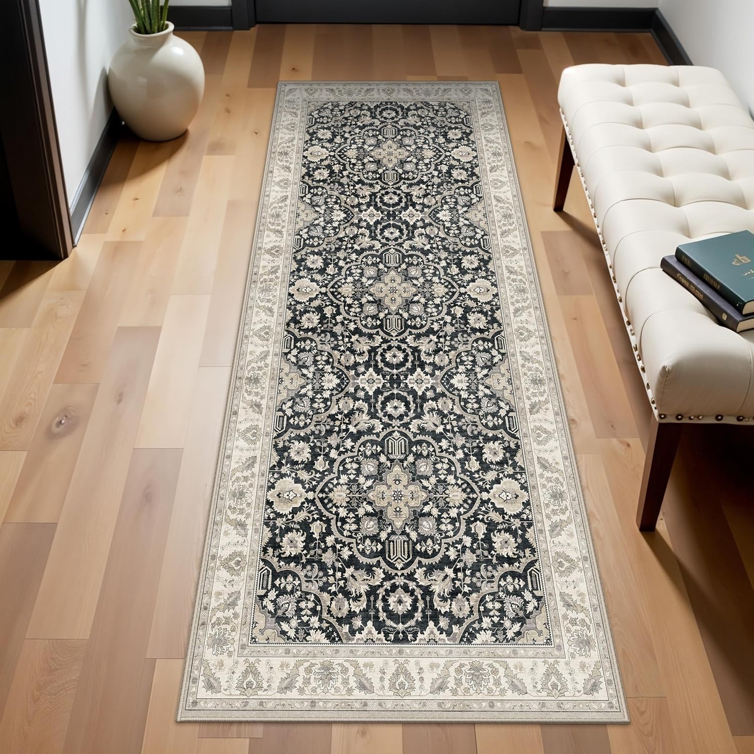 Washable Runner Rug for Hallways Kitchen Rugs 2x6 Black Beige - Non-Slip Stain gallery