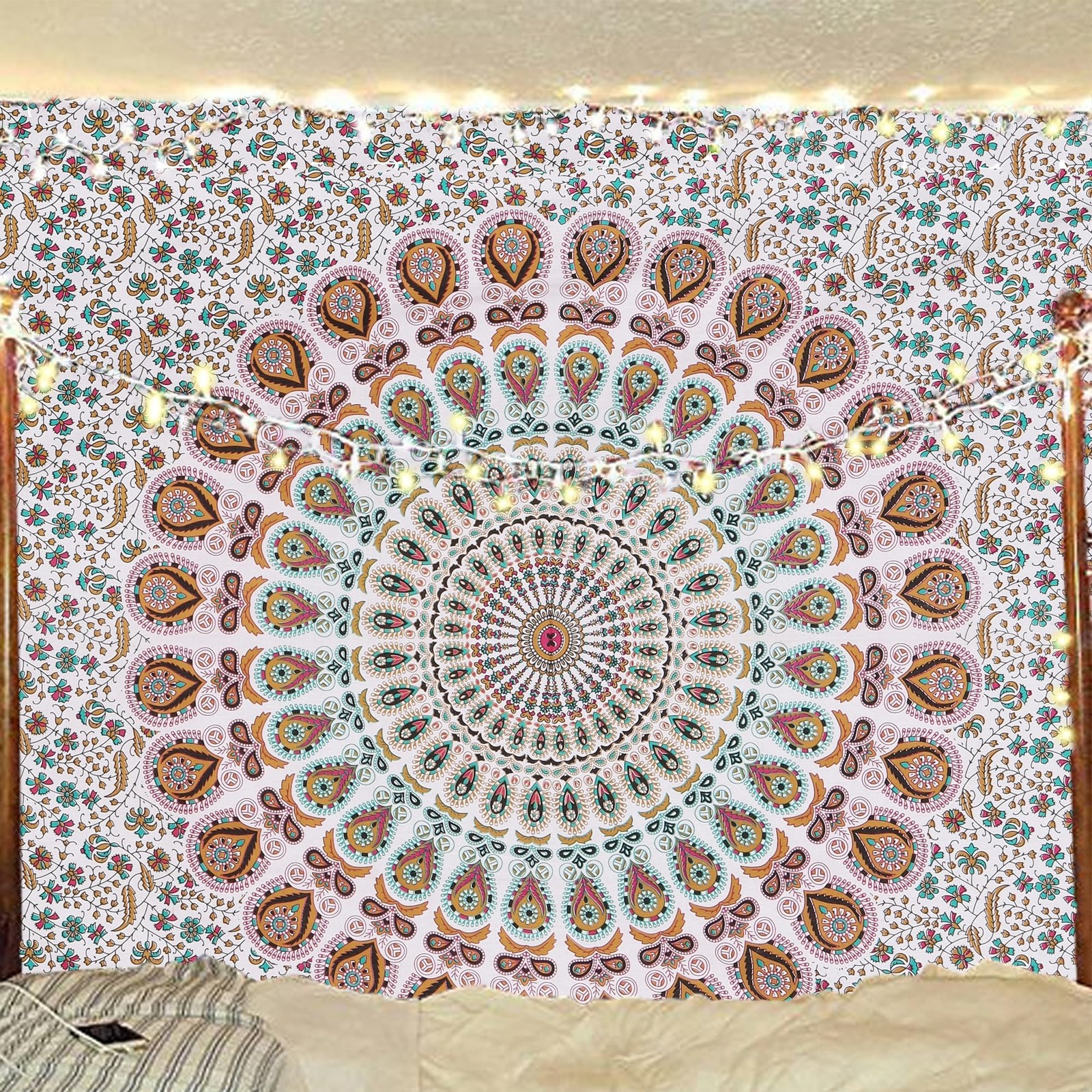 Handmade Indian Psychedelic Peacock Mandala Tapestry for Wall, Beach, Bedding gallery