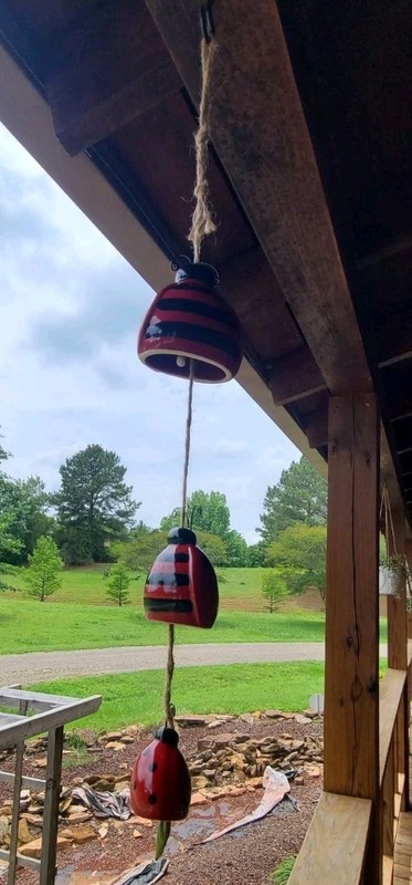 Ceramic Ladybug Wind Chime Red & Black Polka Dots & Stripes Jute String gallery