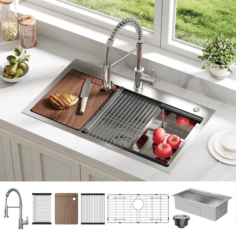 Drop in Kitchen Sink with Pull Down Spring Faucet 30x18x9 Inch Single Bowl gallery
