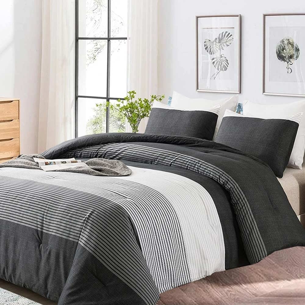 King Comforter Set Grey Black Patchwork Stripe Reversible Bedding 7 Piece gallery