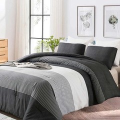 King Comforter Set Grey Black Patchwork Stripe Reversible Bedding 7 Piece