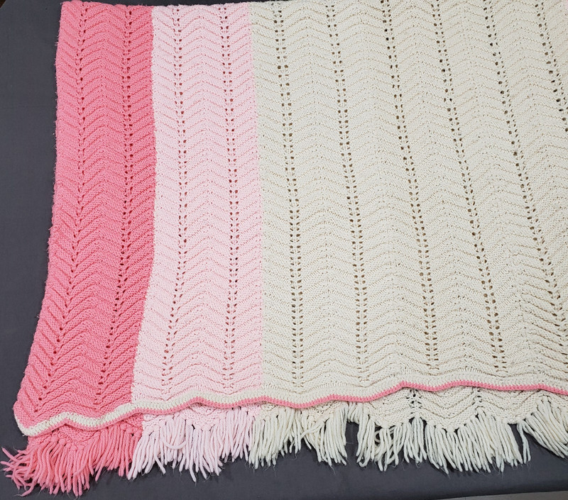 Crochet Throw Blanket Pink Ivory Chevron Stripes Fringe Afghan Cottage Decor gallery