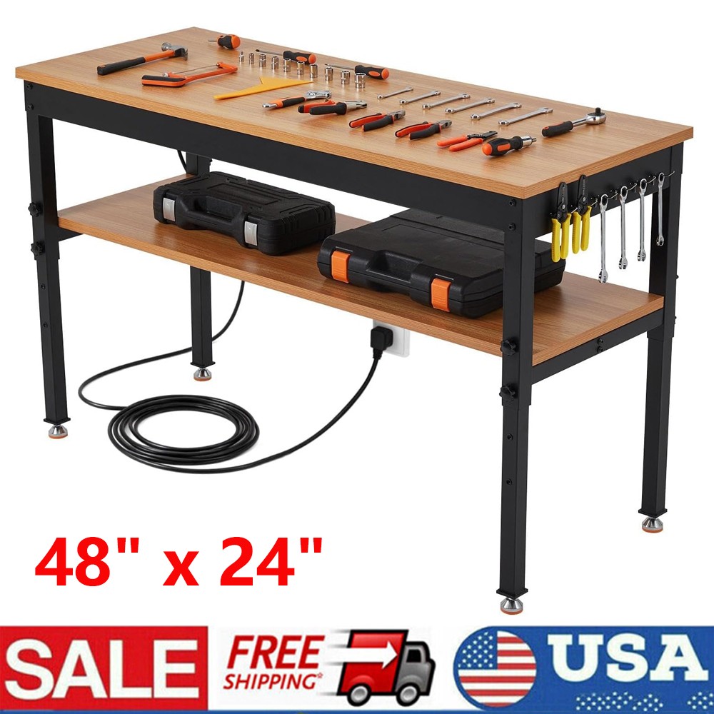 Height Adjustable Workbench 48"x 24" Large Capacity Heavy-Duty Power Outlets