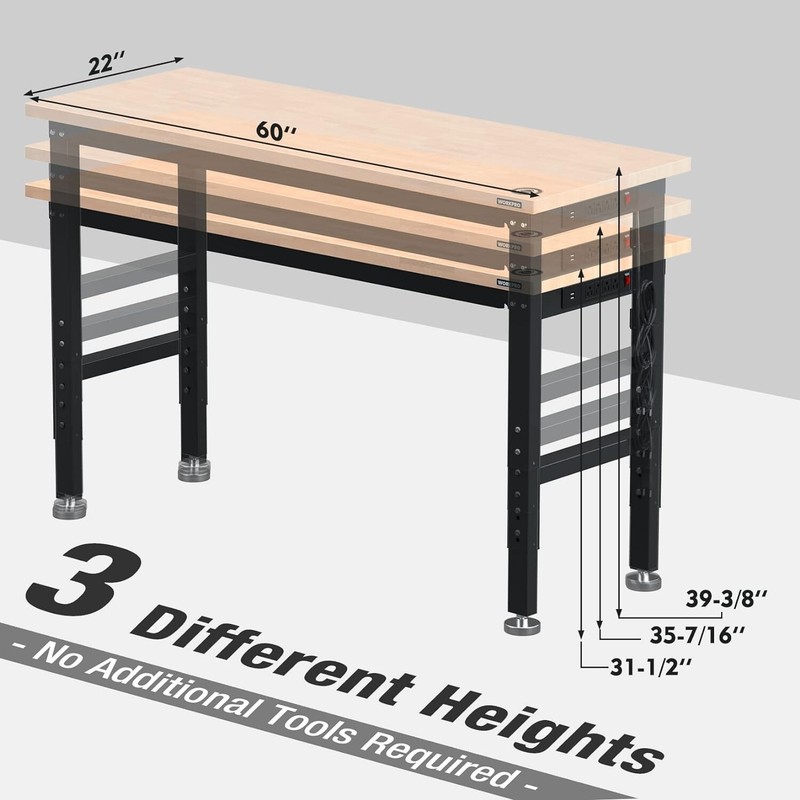 WORKPRO 72"/48''/60" Adjustable Workbench Heavy-Duty Workstation Rubber Wood Top gallery