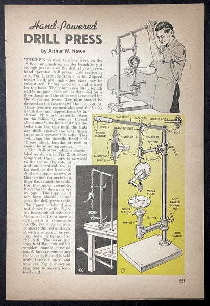“Hand Powered Drill Press” 1947 HowTo Build PLANS built from pipe parts gallery