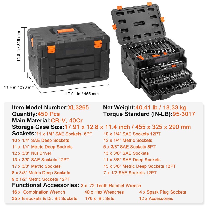 VEVOR Mechanics Tool Set and Socket Set 1/4in 3/8in 1/2 in Drive Sockets 450Pcs gallery