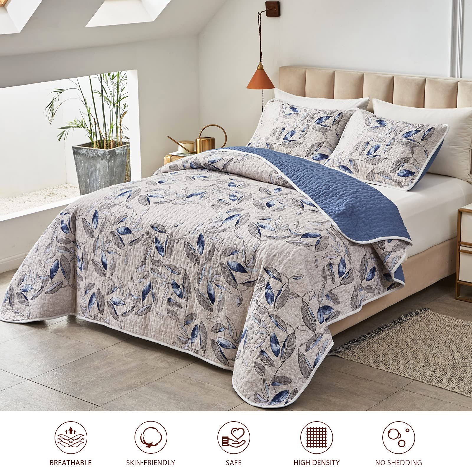 King Microfiber Quilt Set, Reversible Botanical Blue Leaves, 3-Piece Bedspread gallery