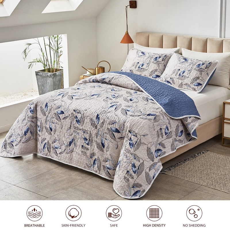 King Microfiber Quilt Set, Reversible Botanical Blue Leaves, 3-Piece Bedspread gallery
