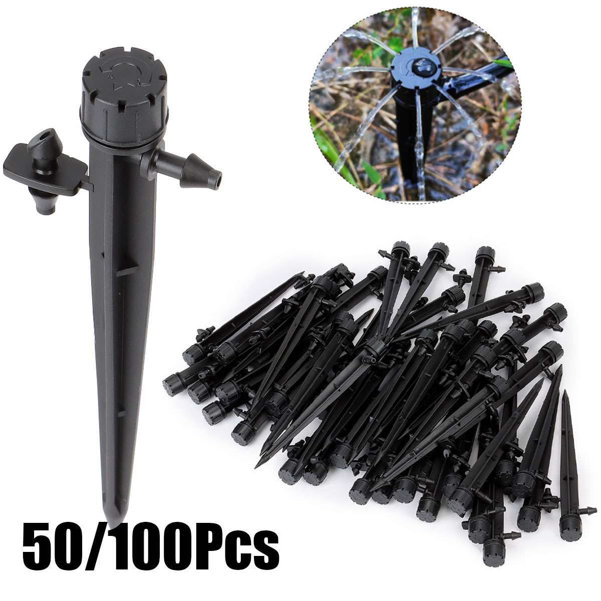 50/100x Adjustable Water Flow Irrigation Drippers Stake Emitter Drip System 360° gallery