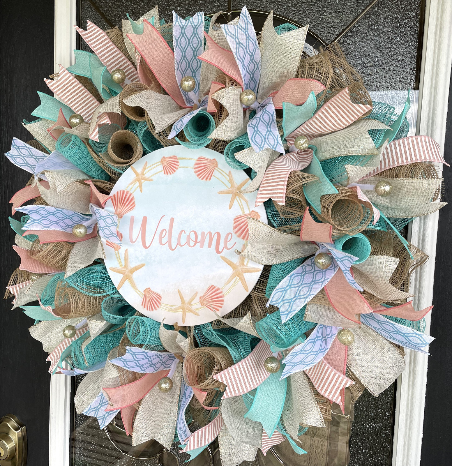 Welcome Aqua & Coral Beach Spring Summer Fall Deco Mesh Wreath, Starfish Shells gallery