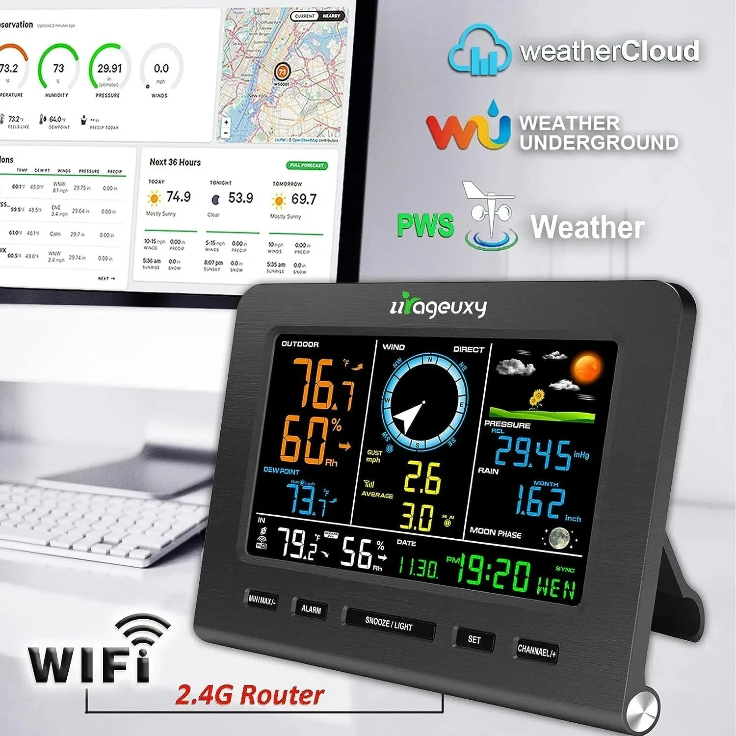Multi-Functional 8-IN-1 Wi-Fi Smart Weather Station Big Color 8" LCD - Open Box gallery