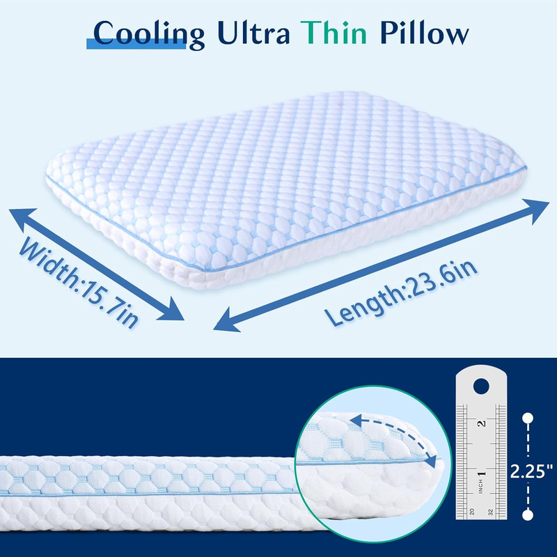 Thin Cooling Gel Memory Foam Pillow 2 25in Low Profile for Stomach Sleepers gallery