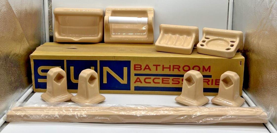 Vintage 10pc SUNTAN Bathroom Accessory Set Ceramic Tile In Wall Recessed NOS MCM gallery
