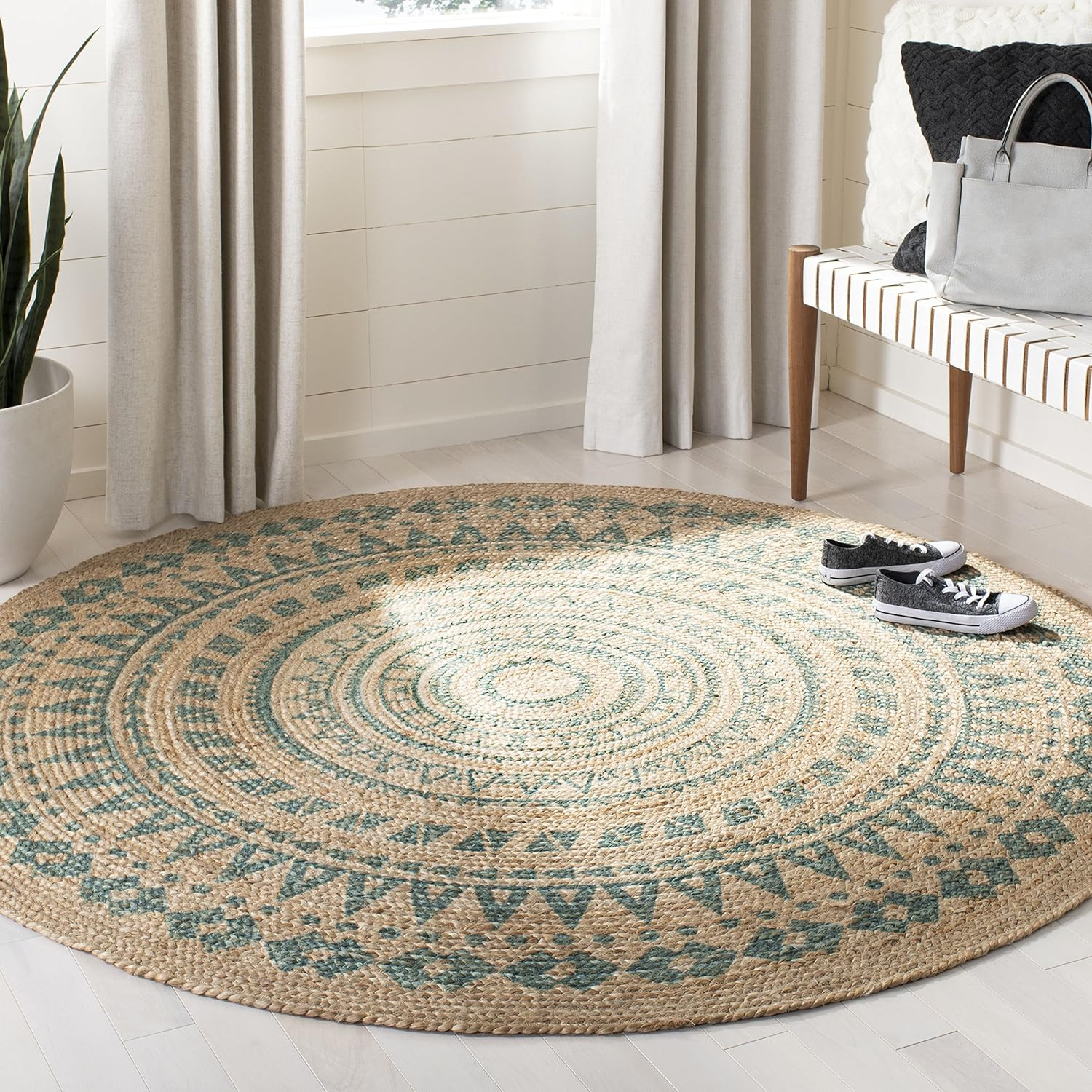Handmade Aqua & Natural Jute Area Rug - 8' Round Boho Mandala Design gallery