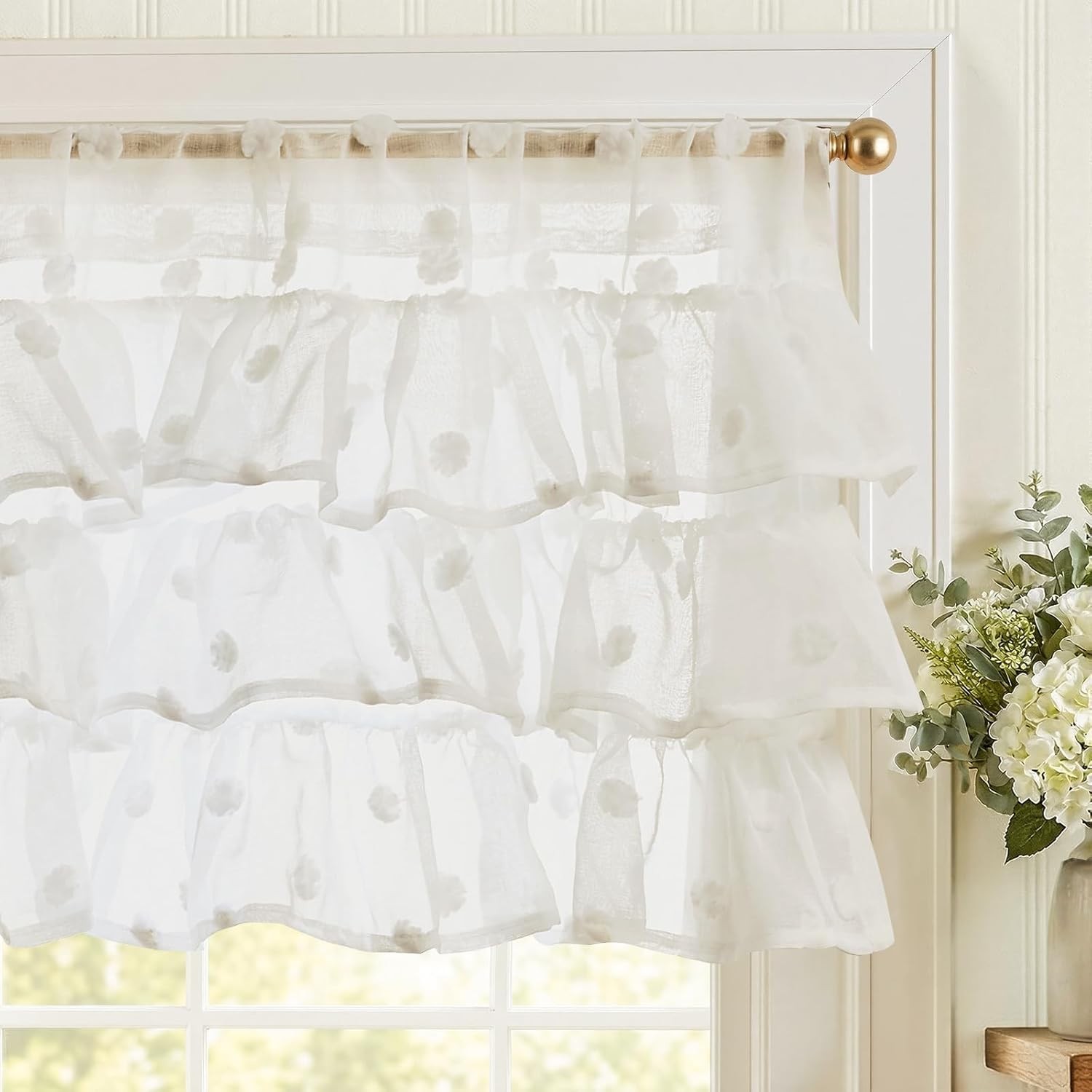 Ruffled Kitchen Valance Pom-Pom Voile Valance Curtains Sheer Shabby Chic Small gallery
