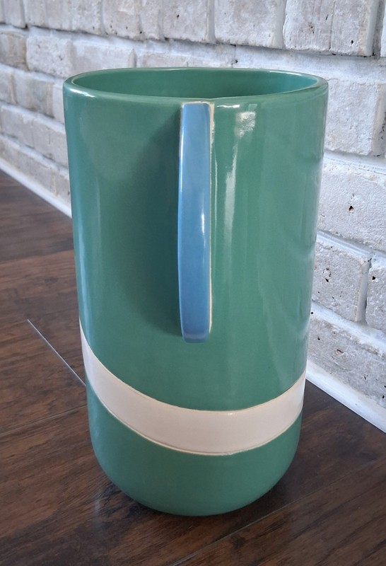 Large Postmodern Studio Pottery Vase Teal Blue White Memphis Style 12" Signed JJ gallery