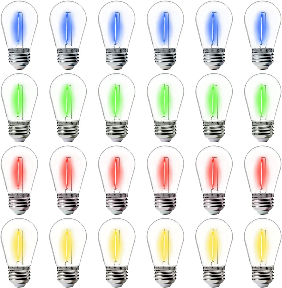 24-Pack S14 Colored LED String Light Bulbs, 1W Waterproof Outdoor Indoor Replace