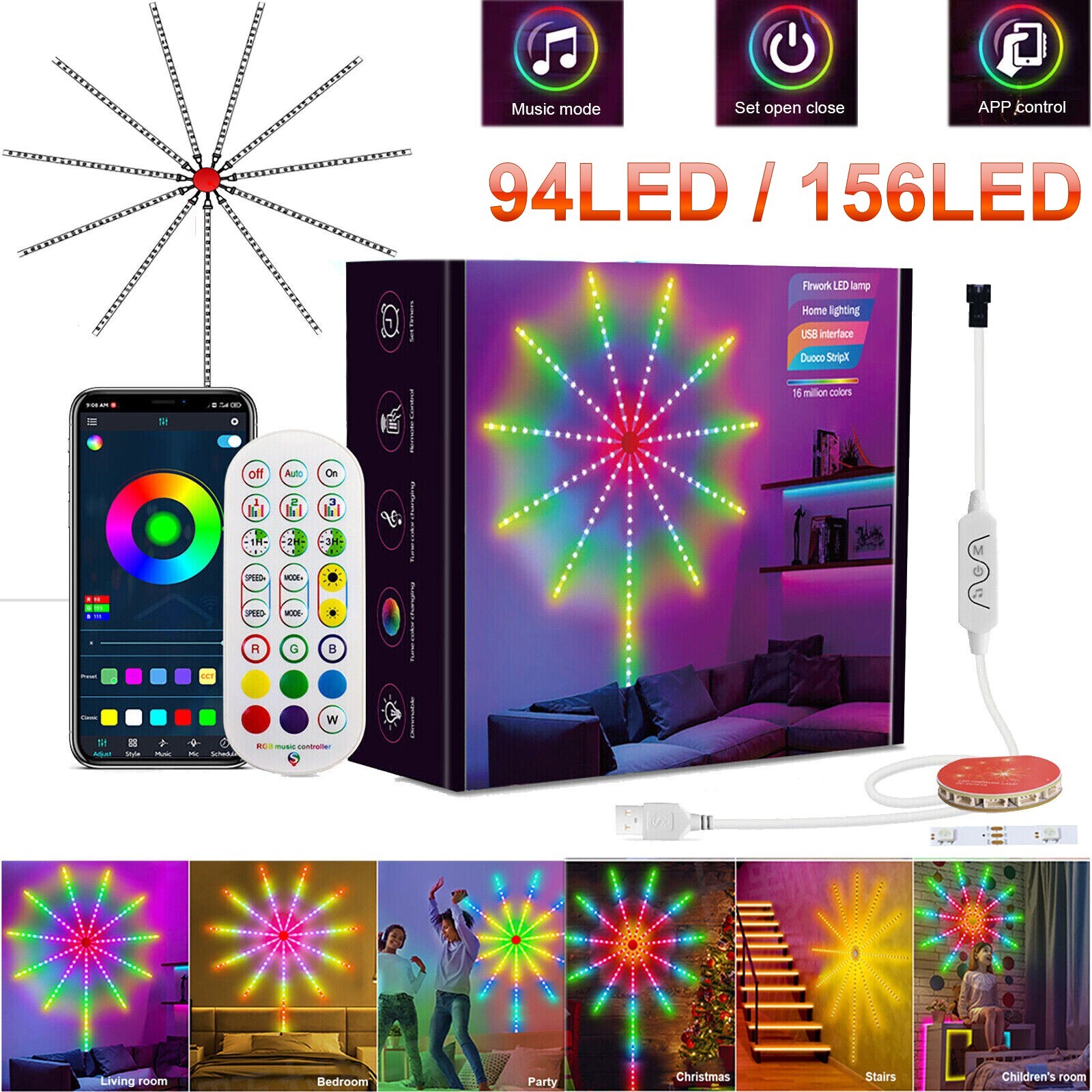 LED Firework Strip Light Dream Color RGB USB Smart Music Sync APP Remote Control gallery