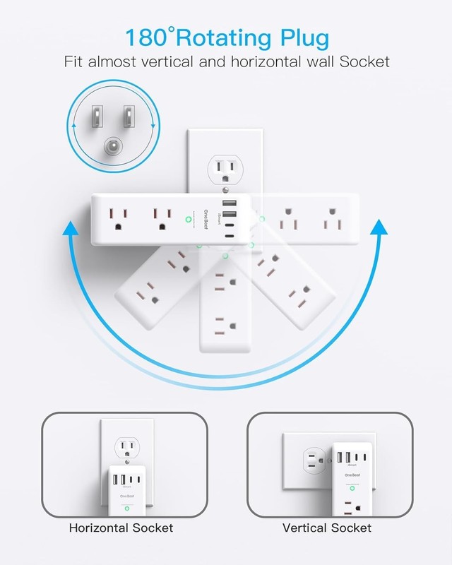 Multiple Plug Outlet Extender, 6 Wall Outlets and 3 USB Ports (1 USB C), Multi O gallery