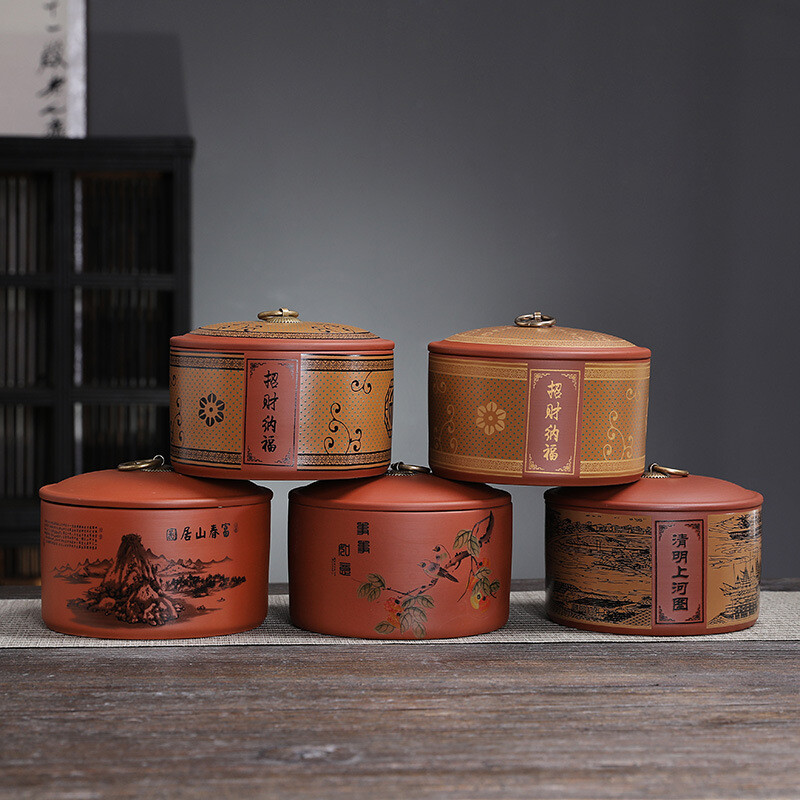 Sealed Tea Canister For Loose Tea Print Small Tea Caddy With Lid Zisha Clay New gallery