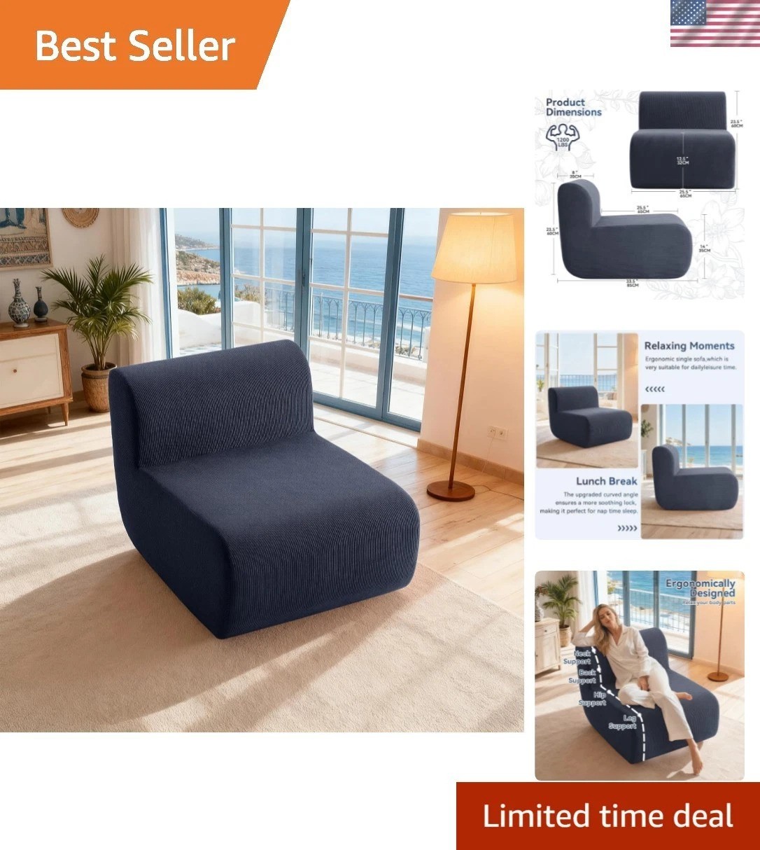 Boneless Design 26" Single Armless Couch - Stylish Dark Blue Sofa for Any Room gallery