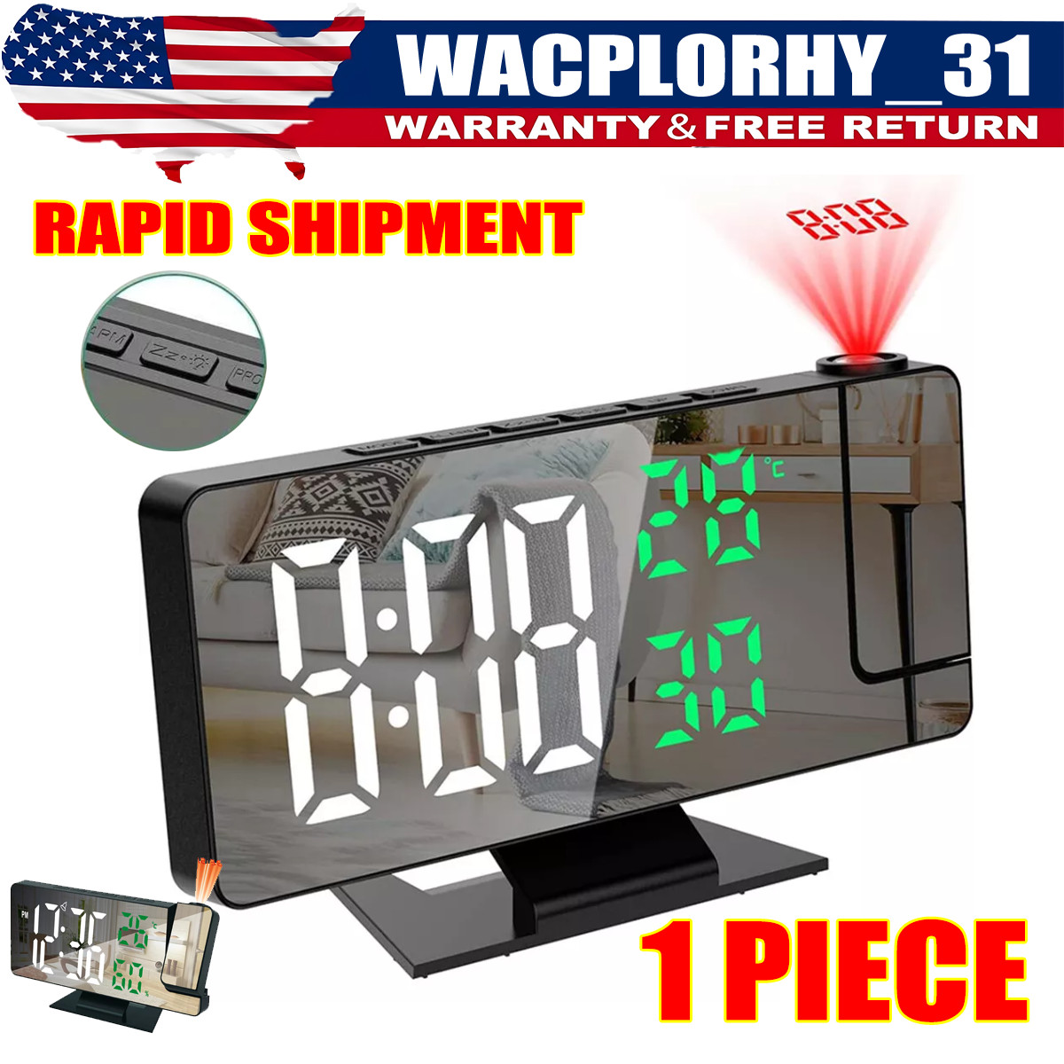 7.8" LED Digital Projector Projection Snooze Dual Alarm Clock Timer USB A+ gallery