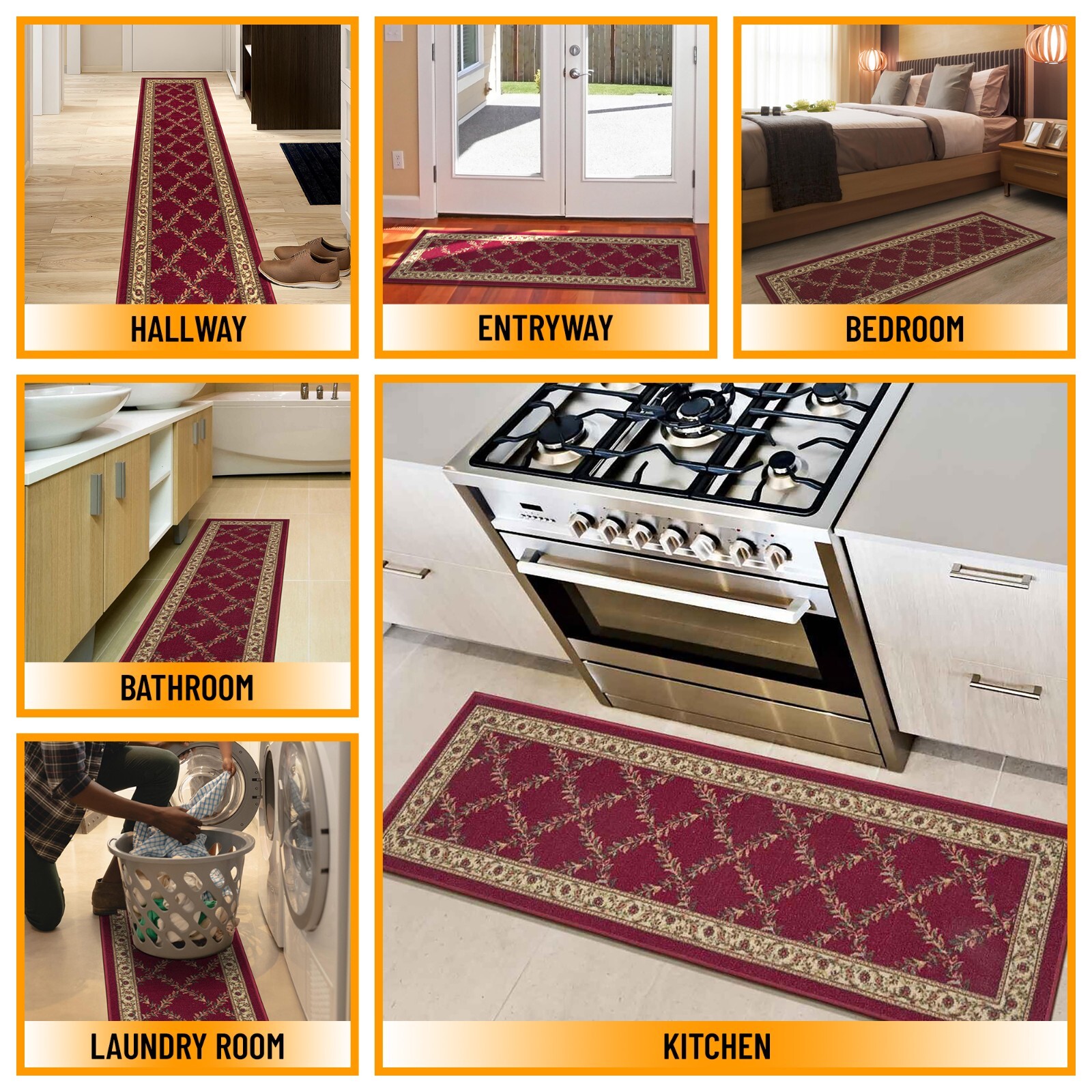 Machine Washable Boxes Design Non-Slip Rubberback 2x5 Traditional Runner Rug gallery