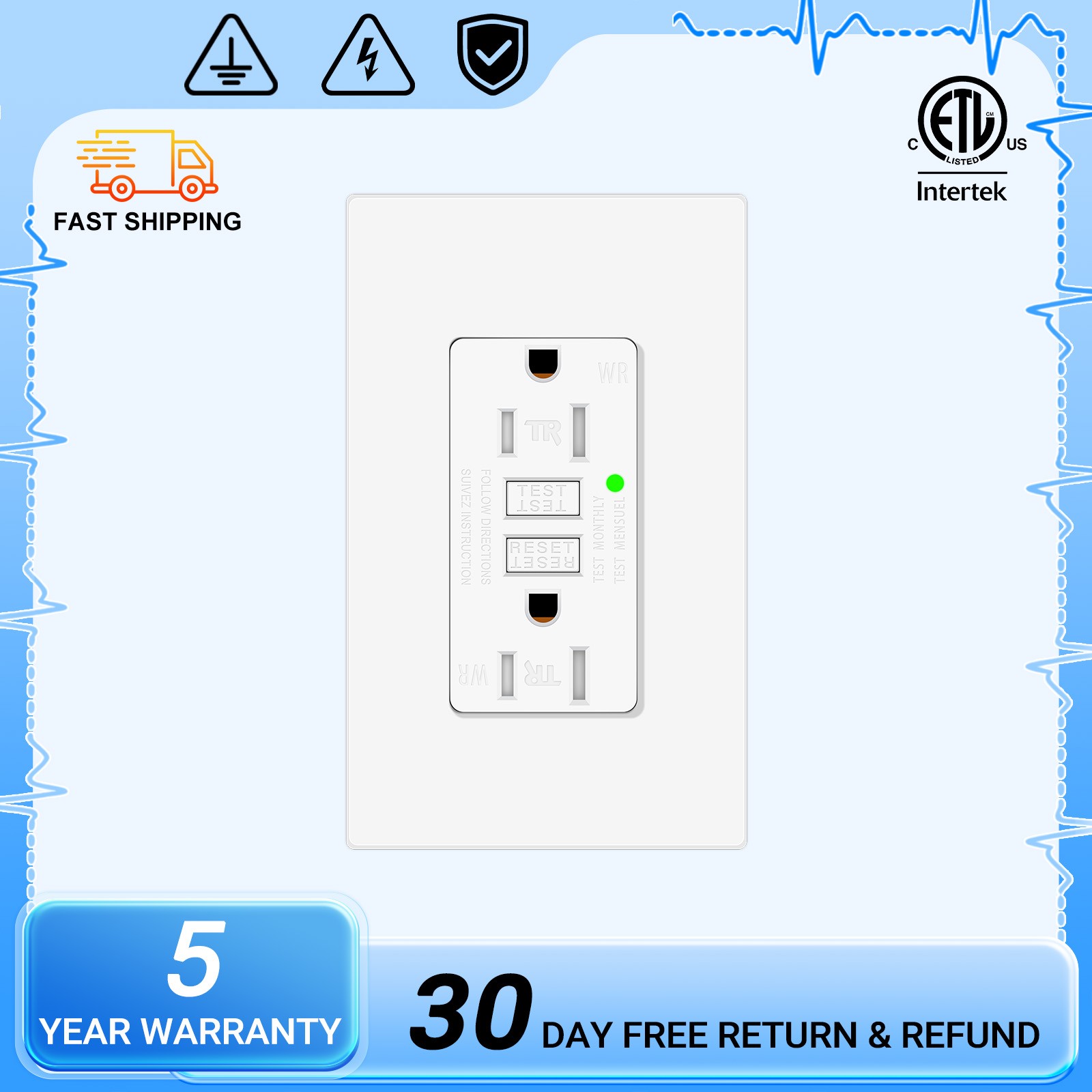 GFCI Outlet 15A Wall Receptacle Tamper Resistant TR WR w/ Wall Plate ETL 1Pack gallery