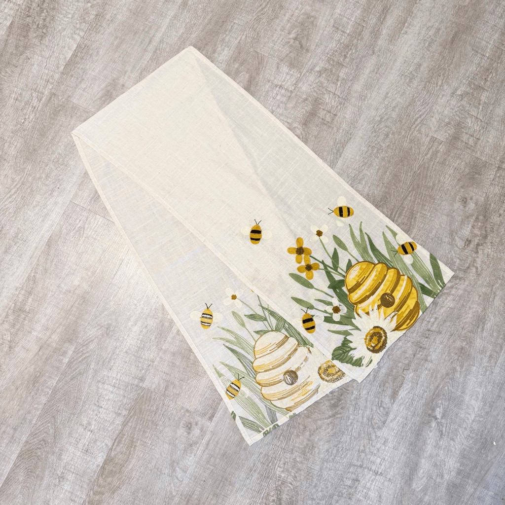 Vintage Embroidered Embroidery Cream Linen Tan Floral Bee Bumblebee Table Runner gallery