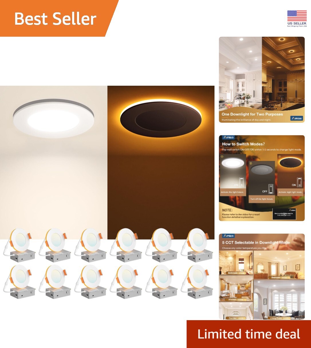 ETL Certified 12 Pack 3 Inch Recessed Downlights - Dimmable & Nightlight Feature gallery