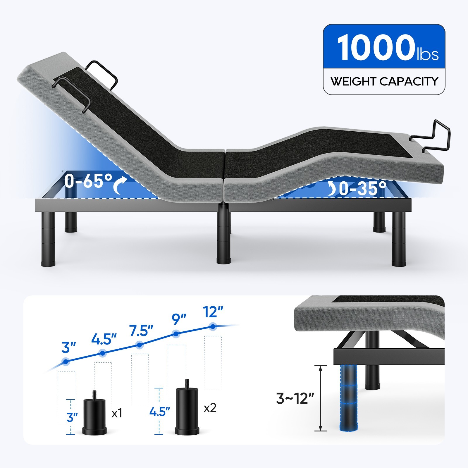 1000LBS Power Base Adjustable Bed Frame Wireless Remote Dual Motor Twin XL Size gallery