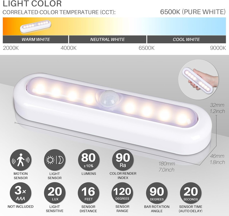 3 Pack 7” Motion Sensor Lights Indoor Battery Operated, Stick on LED Light for C gallery
