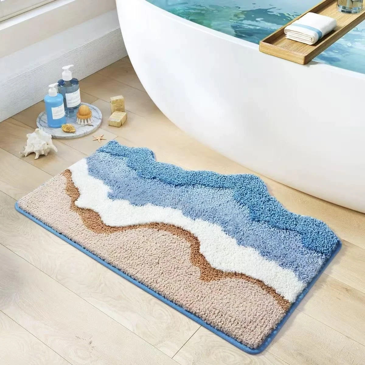 Blue Ocean Wave Bath Mat, Cute Coastal Beach Theme Decor,Non Slip Washable Ba... gallery