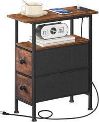 End Table with Charging Station Side Table with 2 Fabric Drawers Nightstand