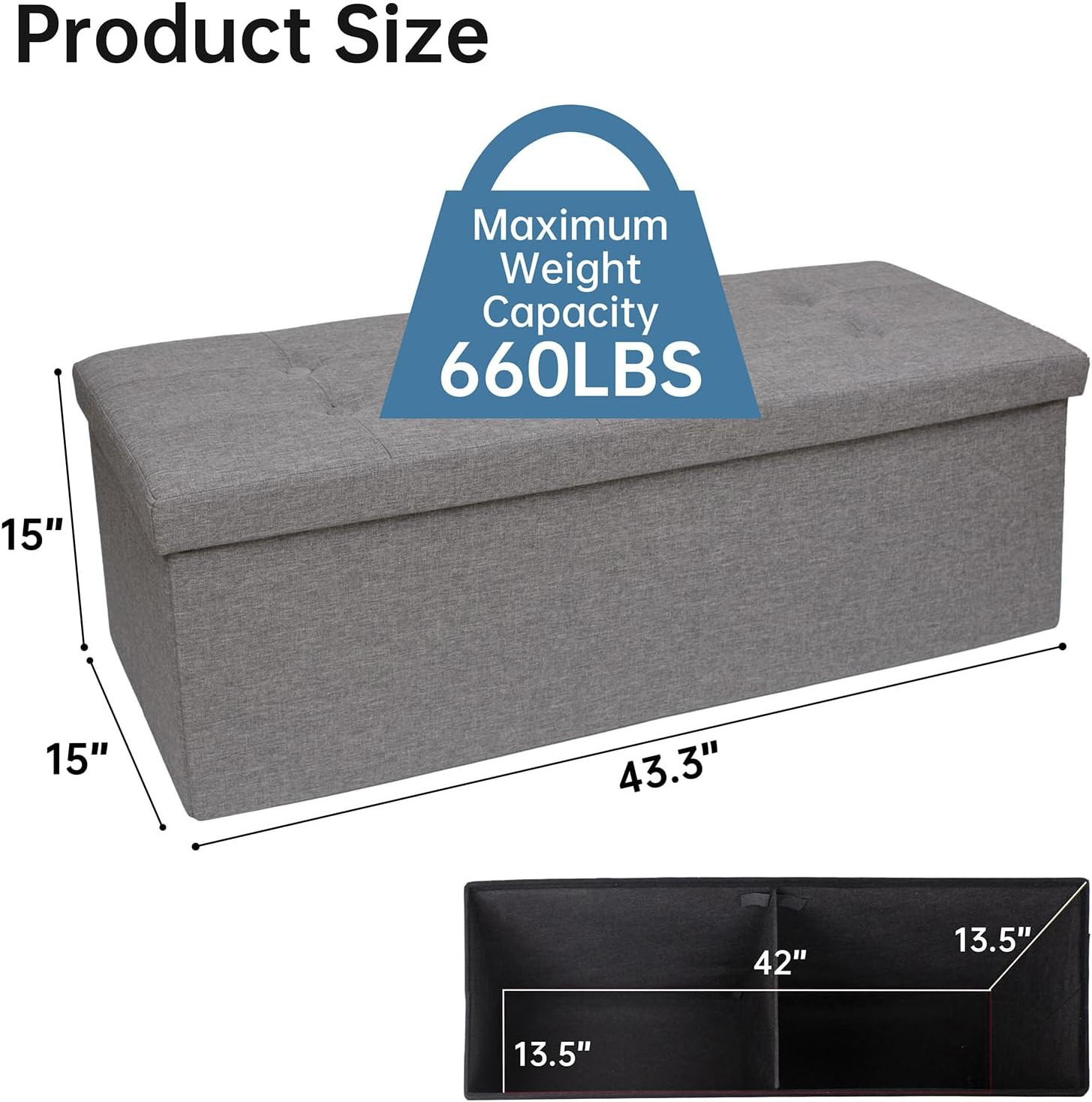 Folding Storage Ottoman Bench - 660 lb Capacity, Dark Grey, 43.3 Inches gallery