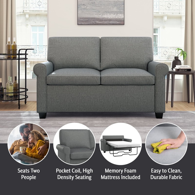 Sofa Bed Pull Out Sleeper Loveseat Couch Twin Adult Size Rolled Arms Gray gallery