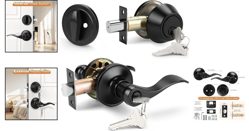 Universal Reversible Entry Lever Lockset with Single Cylinder Deadbolt, 1 Pack gallery