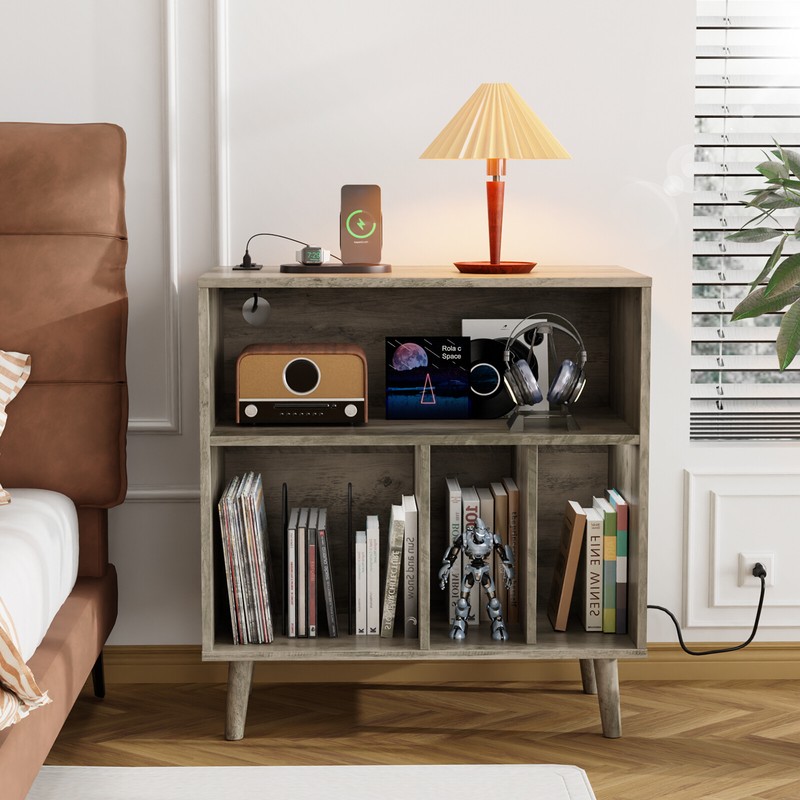 Vinyl Record Player Table with Power Outlet & LED Light for Living Room Bedroom gallery