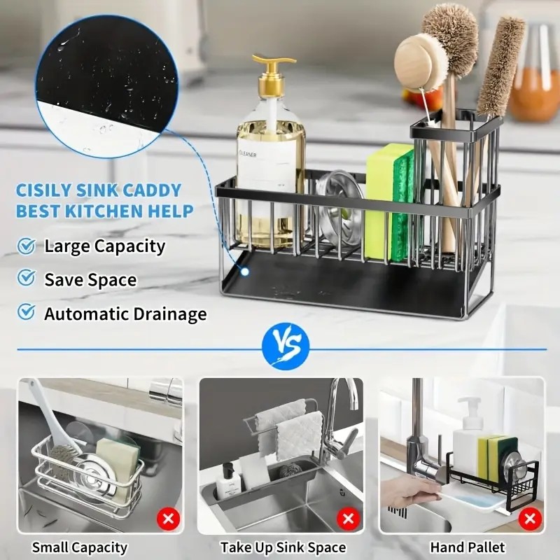 Stainless Steel Kitchen Sink Sponge Organizer Rack with Chopsticks Towel Holder gallery