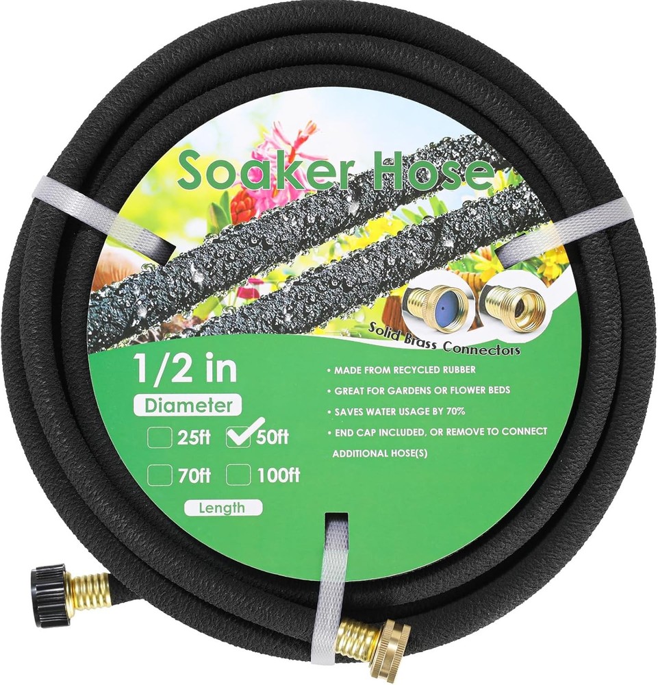 Soaker Hose 50 ft 1/2", Solid Brass Connectors Rubber Longer Lasting