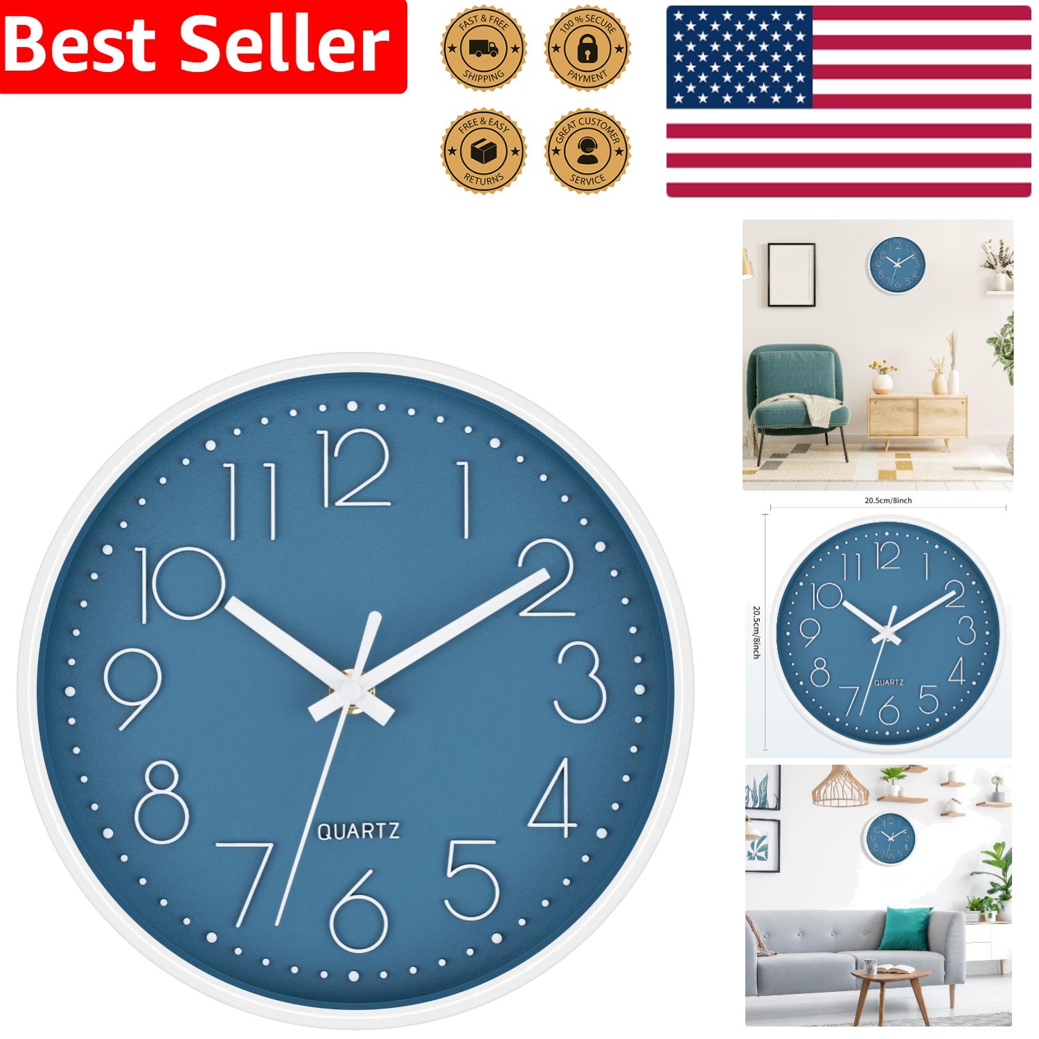 Contemporary 8-Inch Non-Ticking Wall Clock for Homes & Offices - Easy to Hang gallery