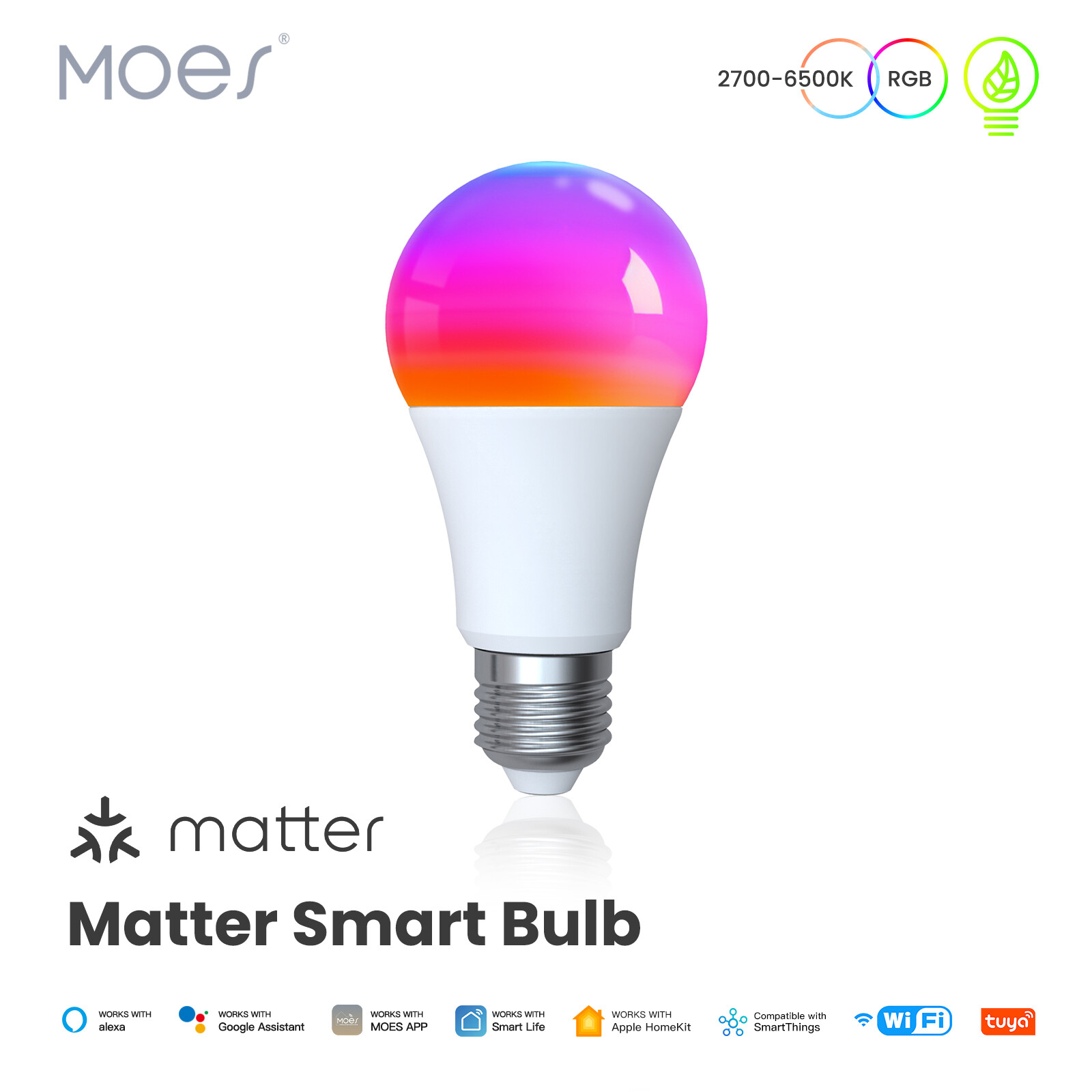 MOES Smart Matter WiFi E27 LED Light Bulbs 2700-6500K RGB Dimmable Lamp 9W 800LM gallery