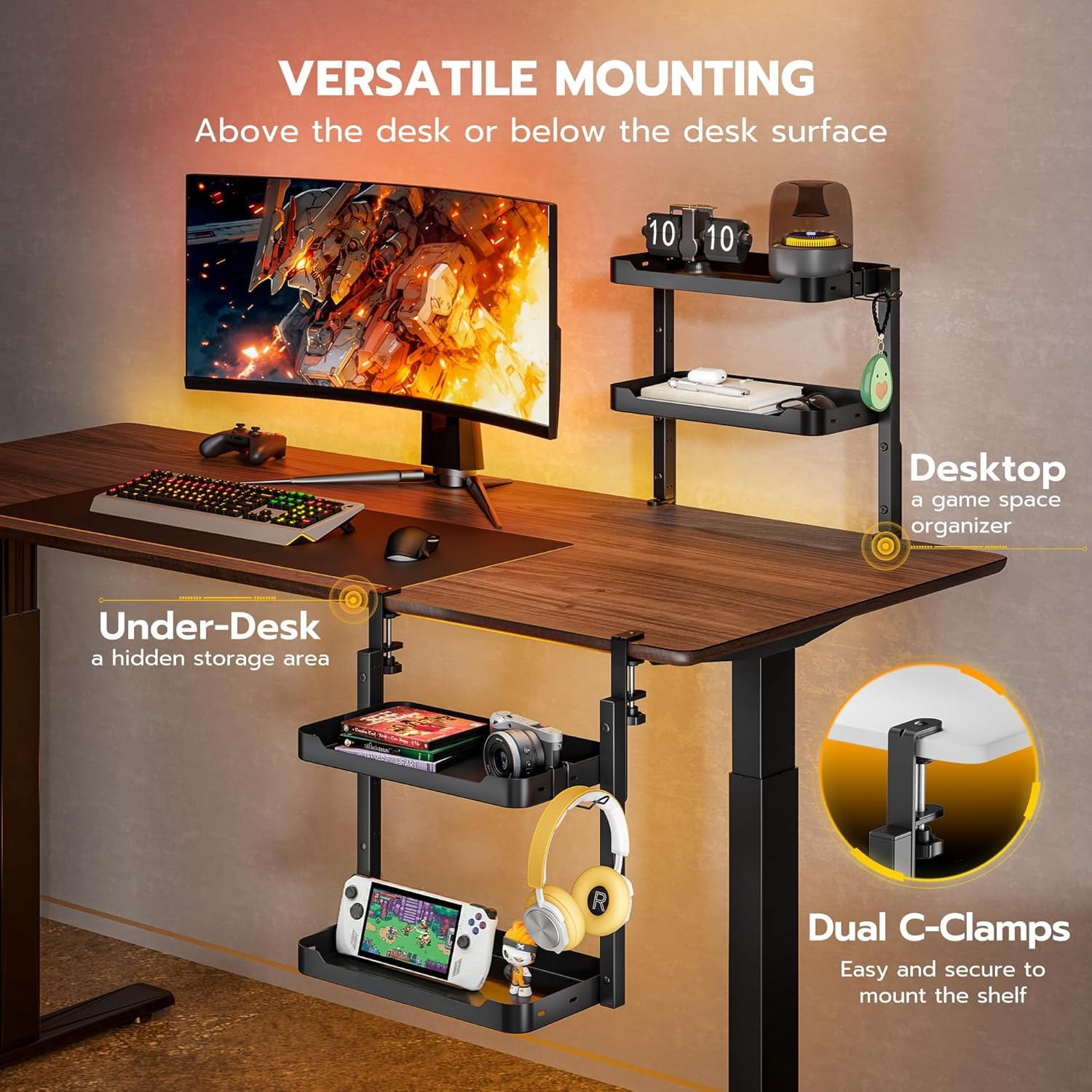 Black 16 Inch 2 Tier Clamp On Shelf ARES WING for Desk gallery