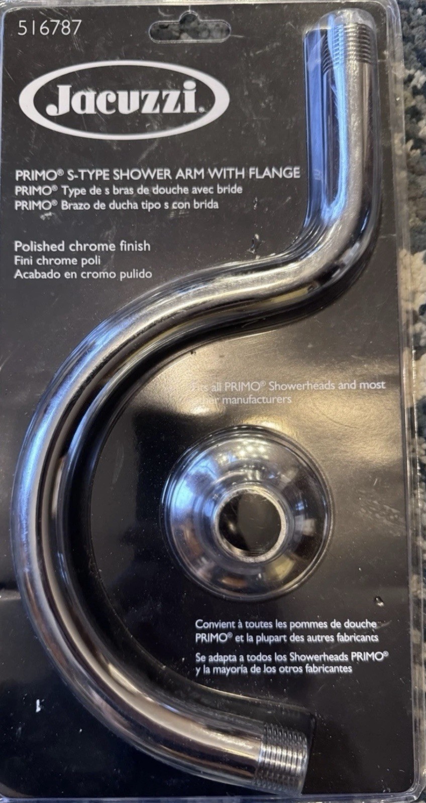 New! Jacuzzi Primo S-Type Shower Arm & Flange - Polished Chrome Finish - 516787 gallery