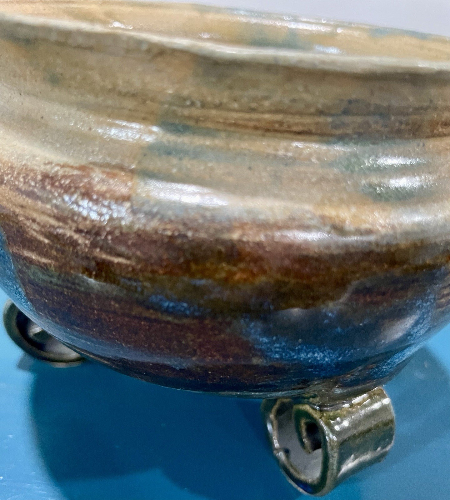 Footed Ceramic Bowl Brown And Blue Aprox 5” Diameter 4” High gallery