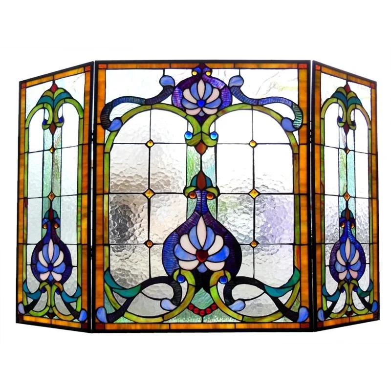CHLOE Tiffany Style Stained Glass Fireplace Screen Victorian 3 Panel Folding 44" gallery