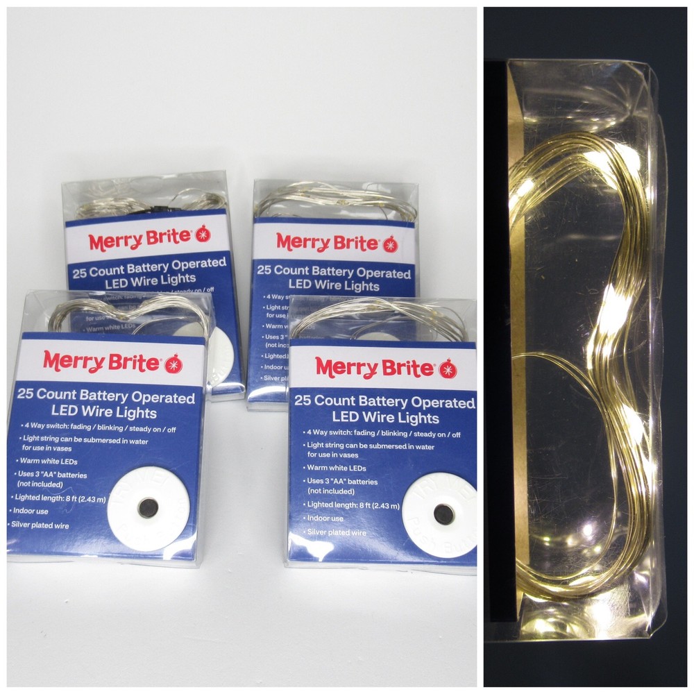 LED Wire Lights 4 Function Battery Operated Warm White Silver Wire 8ft Lot of 4