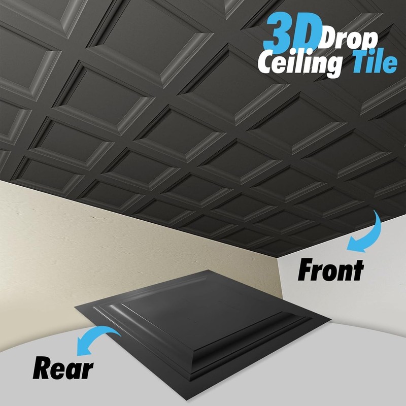 12-Pack Square Black Drop Ceiling Tile 2ft x 2ft PVC Ceiling Panel 24 x 24in. gallery