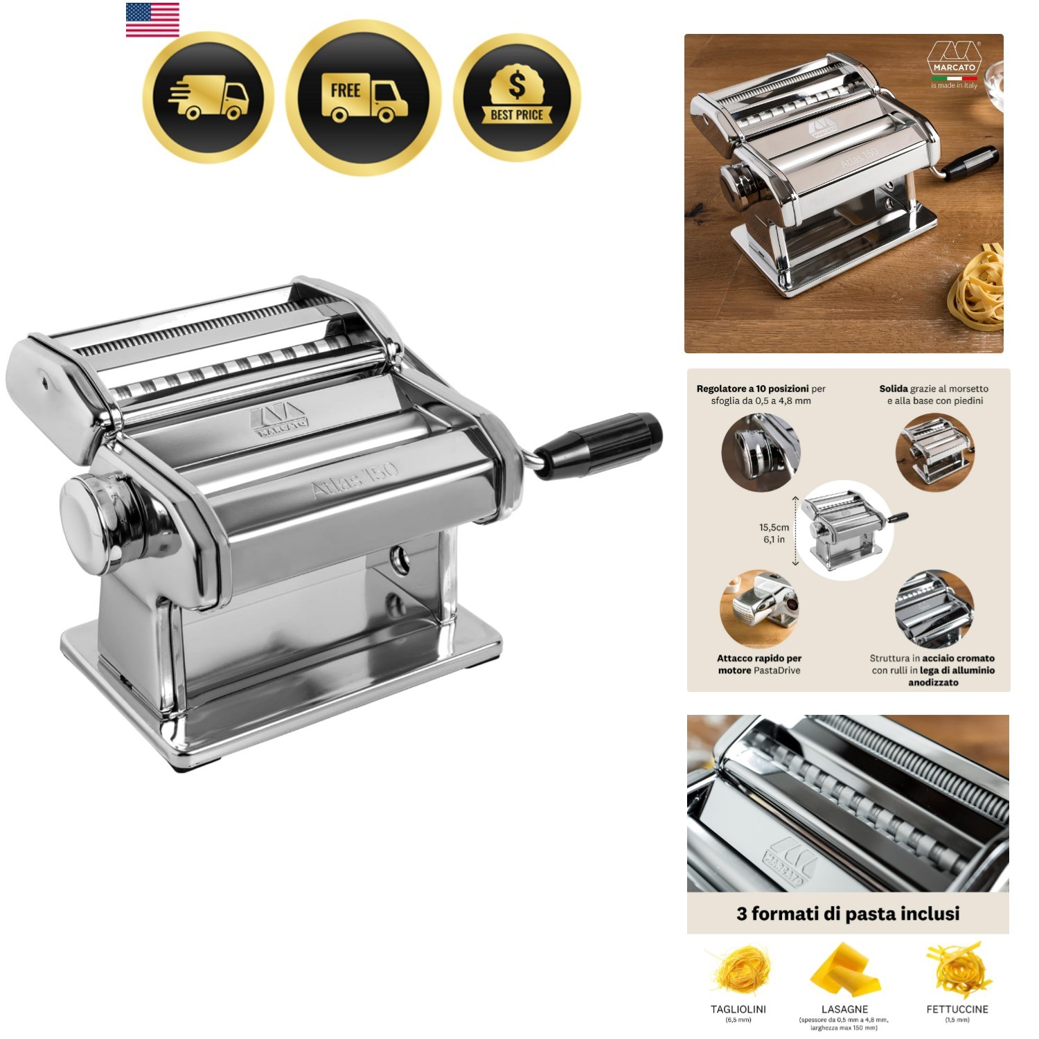 Pasta Maker Machine Manual Chrome Steel for Lasagna Fettuccine Tagliolini 6 Pack gallery